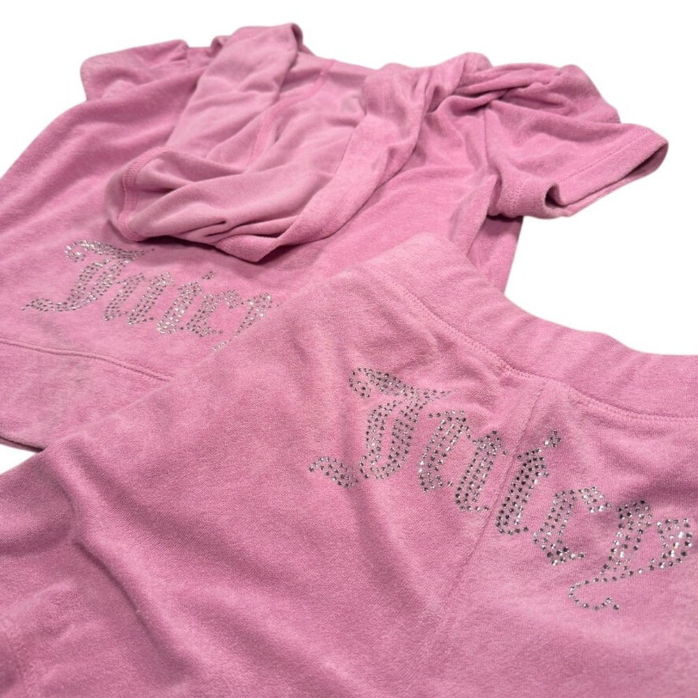 Juicy Couture Dewberry Velour Short Sleeve Hoodie & Shorts Set M Pink Rhinestone